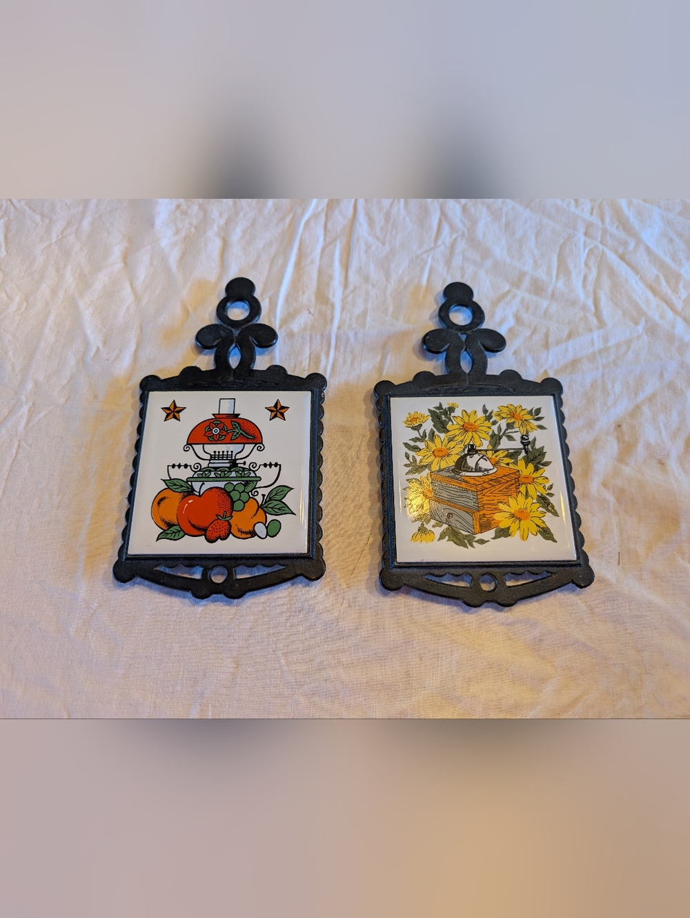 2/40$ Vintage Ceramic Cast Iron Trivet with Fruit and Sunflower Motifs